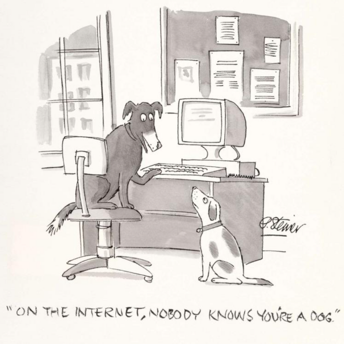 Peter Steiner (American, b. 1940). <a href="https://fineart.ha.com/itm/mainstream-illustration/peter-steiner-american-b-1940-on-the-internet-nobody-knows-you-re-a-dog-the-new-yorker-cartoon-july-1993ink/a/8137-71036.s">On The Internet, Nobody Knows You're A Dog</a>, The New Yorker cartoon